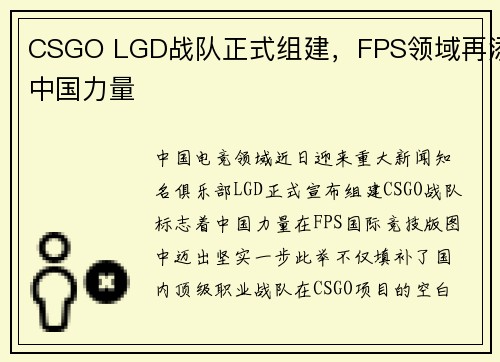 CSGO LGD战队正式组建，FPS领域再添中国力量